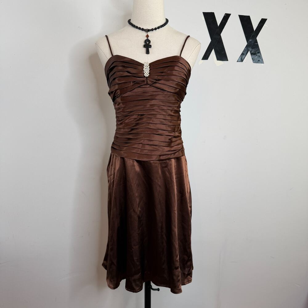 Vintage Y2K Chocolate Satin Ruched Rhinestone Sweetheart Cocktail Mini Dress